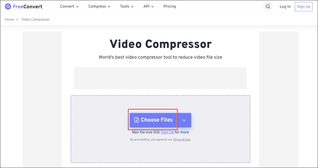 Click on Choose Files in FreeConvert Video Compressor to upload your video files