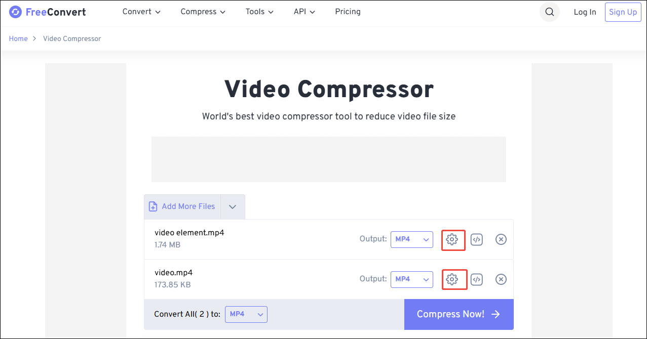 Click on the gear icon in FreeConvert Video Compressor to enter the Advanced Options (Optional) window