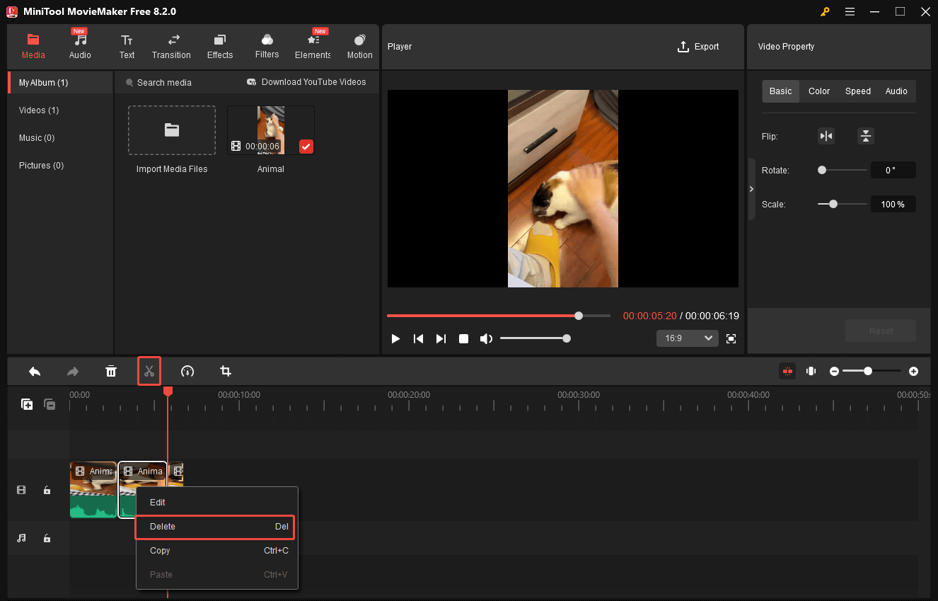 Split and delete the middle part of the video clip in MiniTool MovieMaker