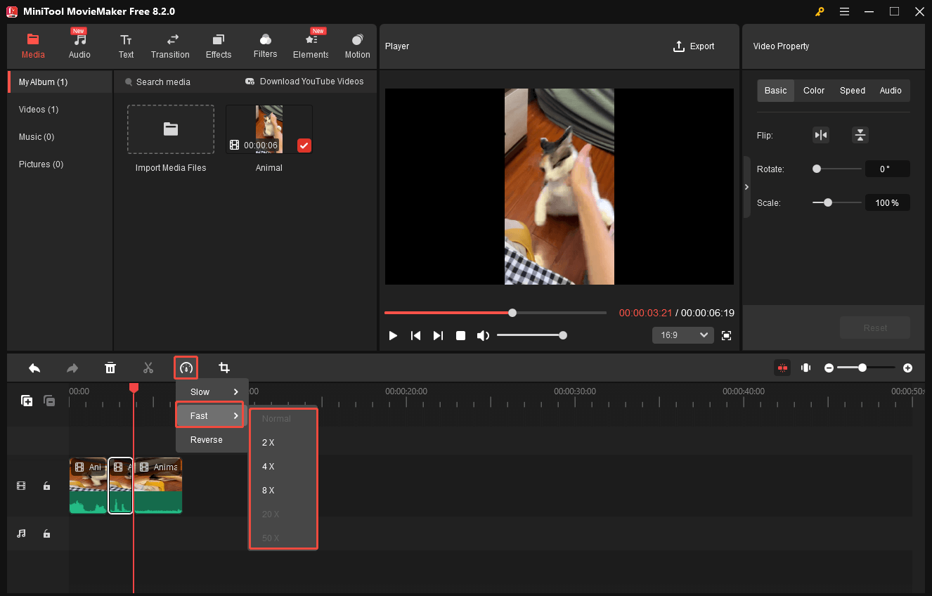 Click on the Speed icon in MiniTool MovieMaker, choose Fast, and change the video speed