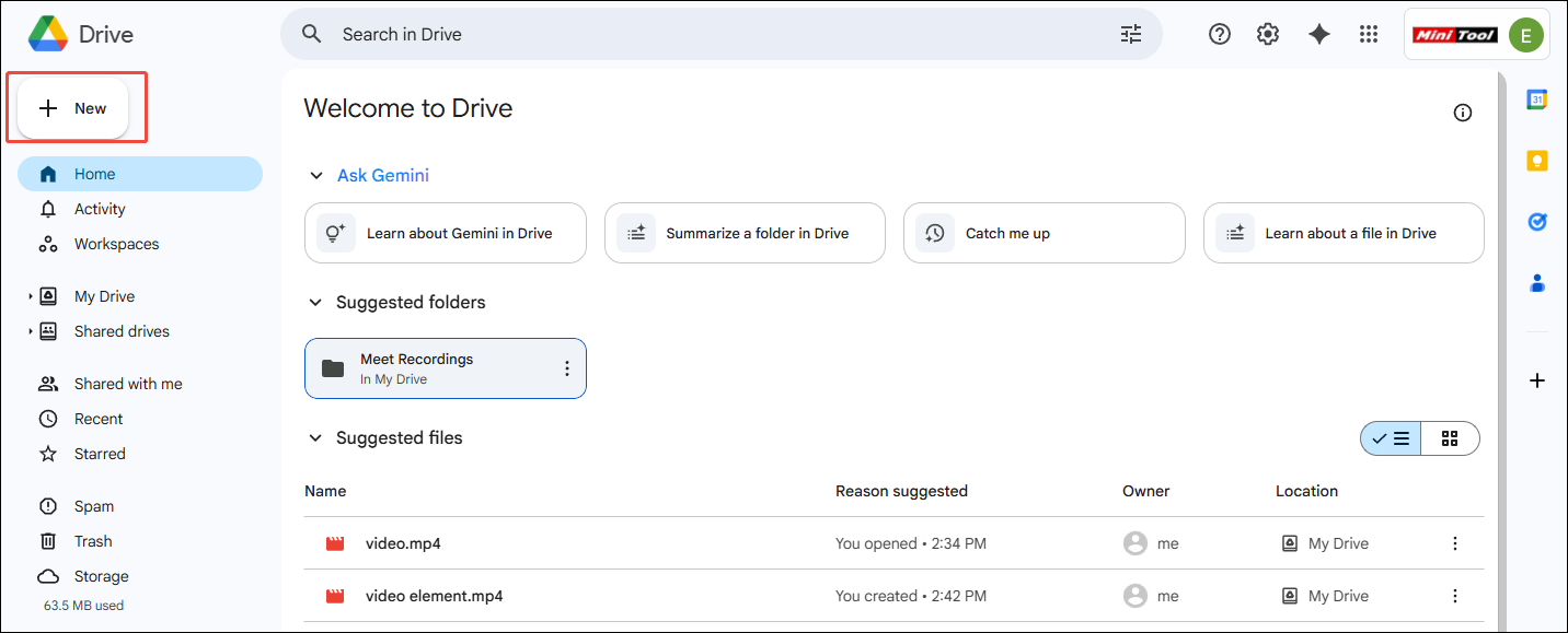 Click on New in Google Drive to expand the option menu