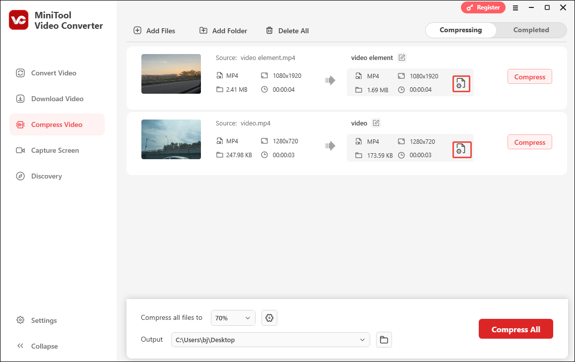 Click on the Settings icon in MiniTool Video Converter to enter the Compression Settings window