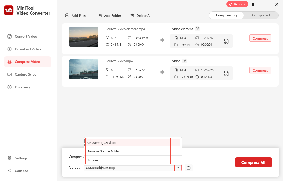 Expand the Output option in MiniTool Video Converter’s Compress Video tab to choose a saving path for the compressed files