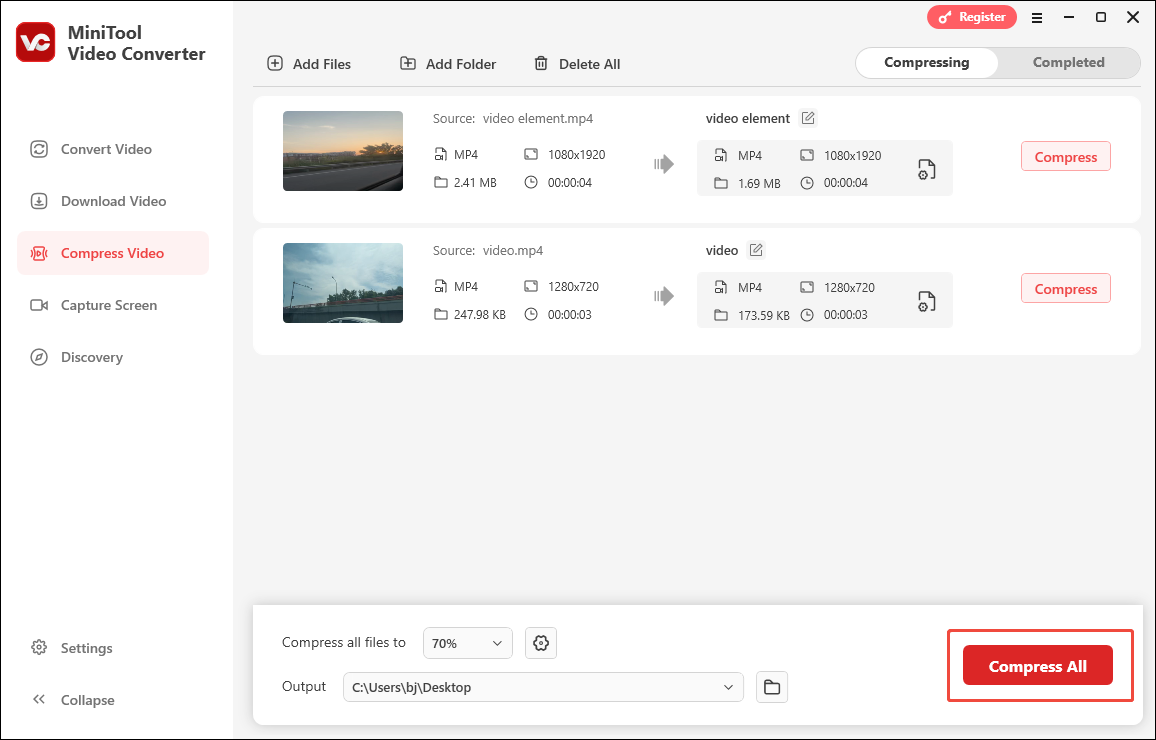 Click on Compress All in MiniTool Video Converter to start the compression process