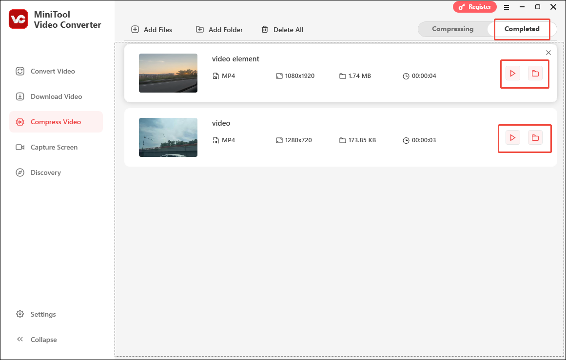 Click on the Play icon or the Folder icon in MiniTool Video Converter’s Compress Video module to view or locate the compressed file