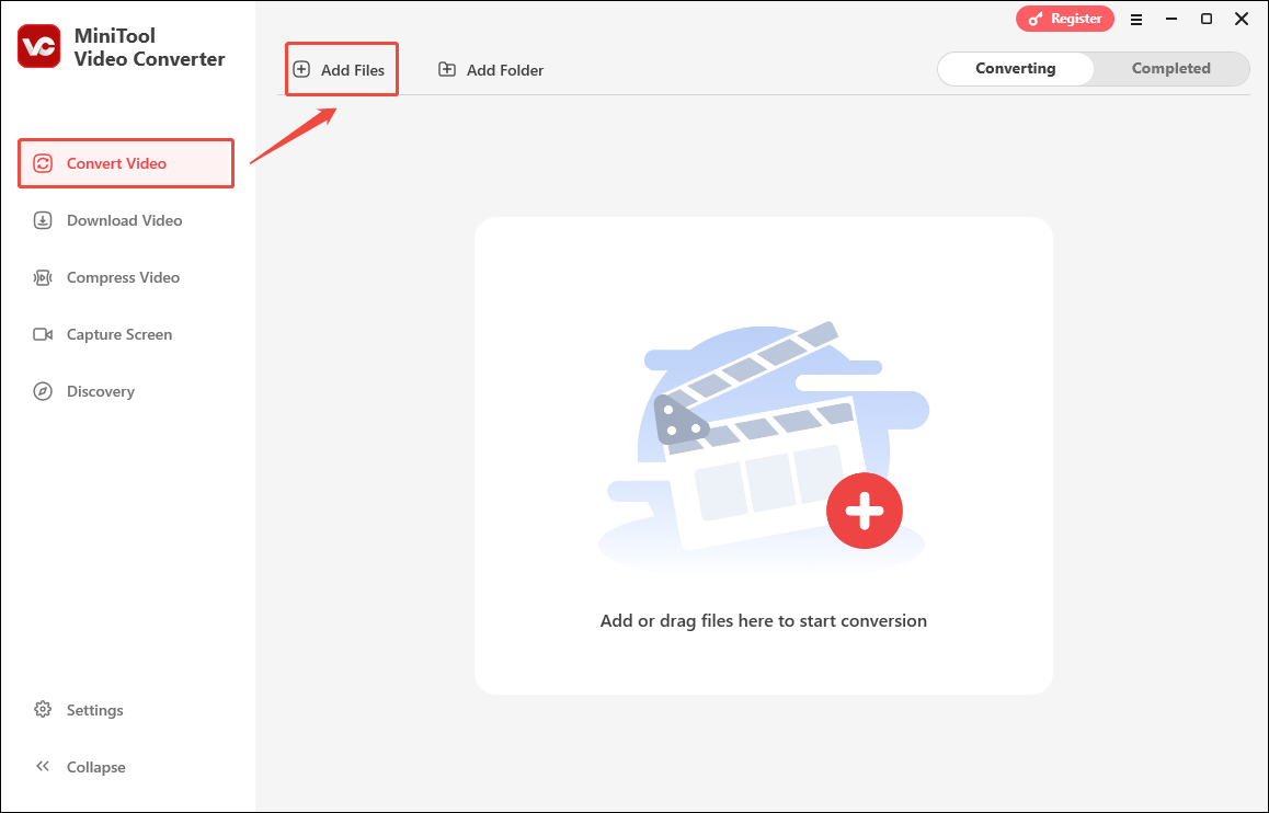 Click on Add Files in MiniTool Video Converter’s Convert video tab to import the compressed videos