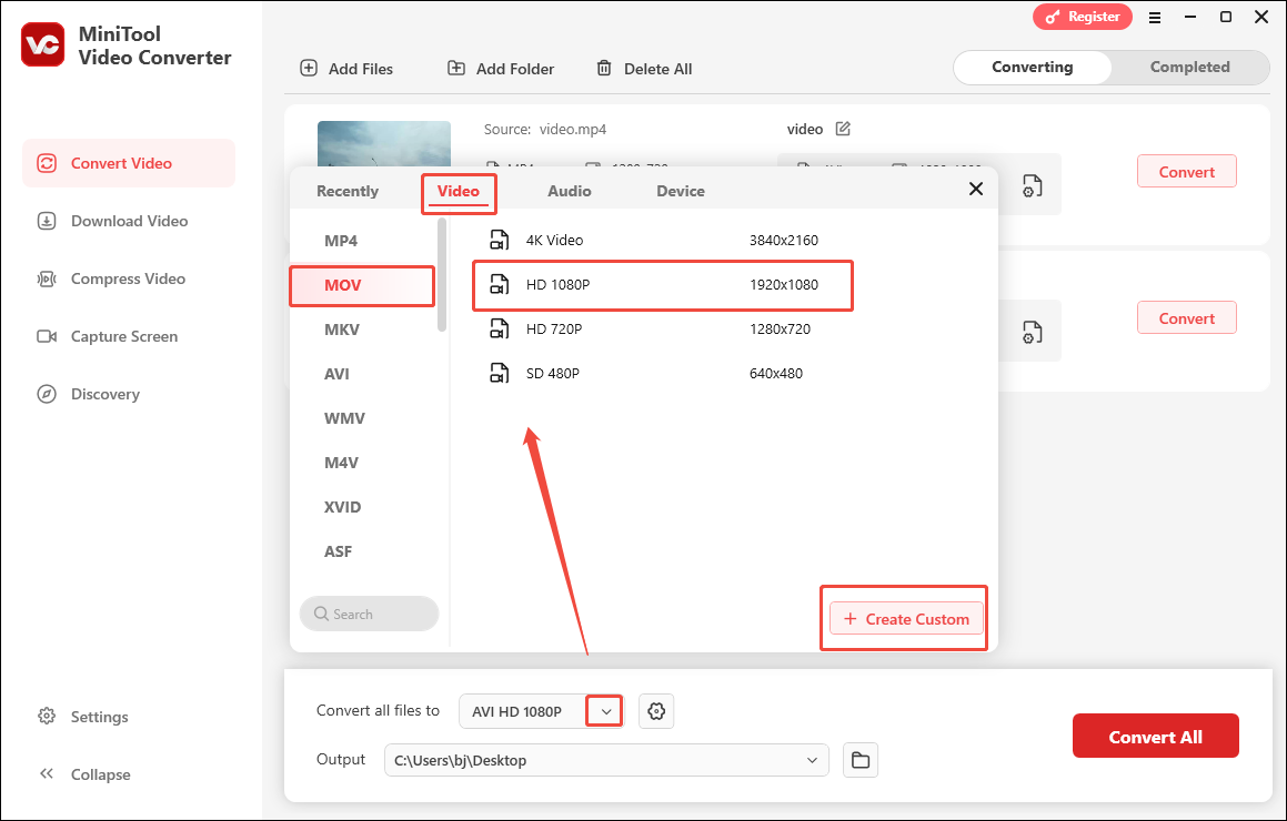 Expand the Convert all files to option in MiniTool Video Converter and choose MOV HD 1080P as the output format