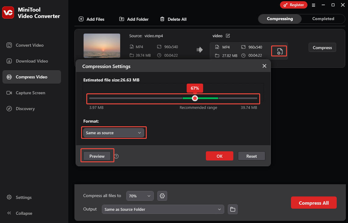 Customize the compression settings in MiniTool Video Converter