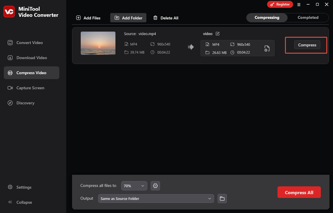 Click Compress in MiniTool Video Converter to start the compression process
