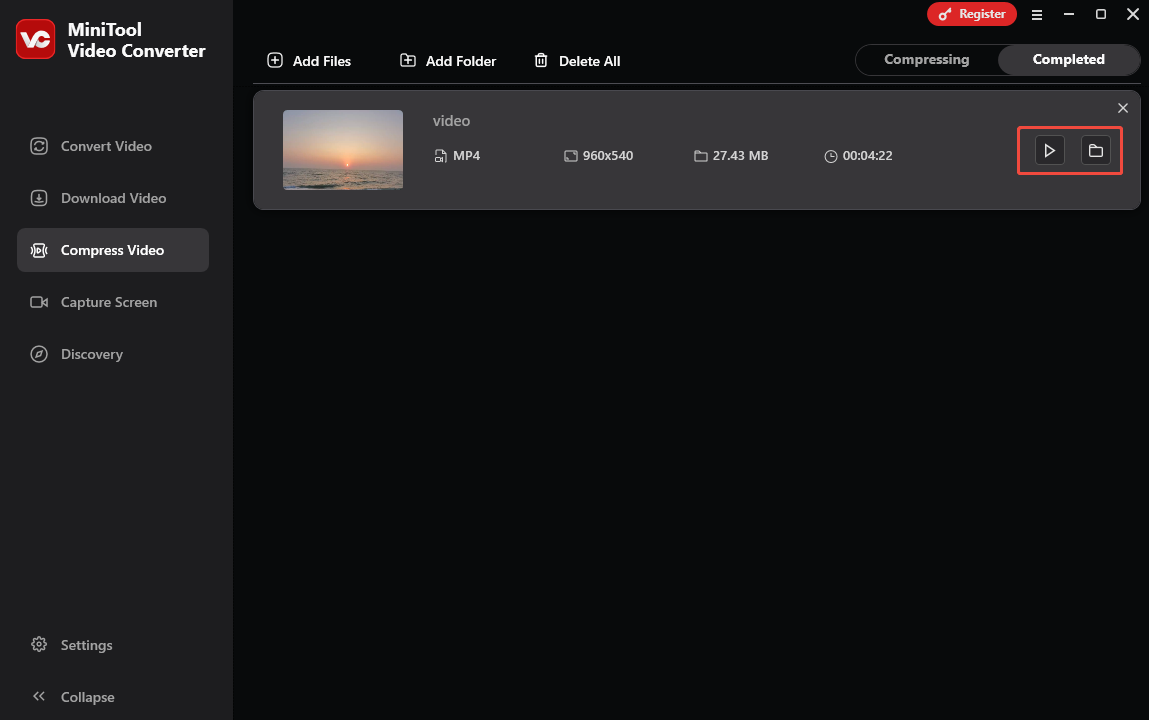 Click on the play/folder icon to watch/locate the compressed videos in MiniTool Video Converter