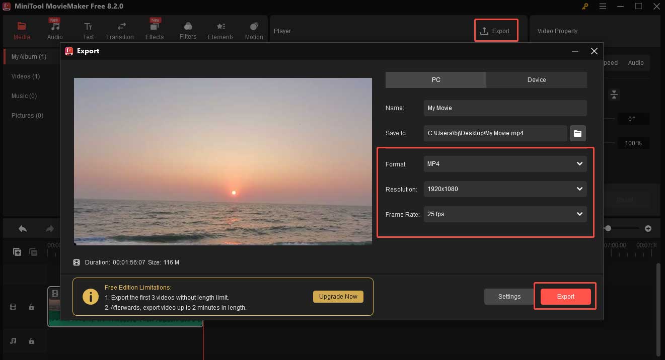 Go to the Export window to specify the output settings, and then click Export to export the compressed video in MiniTool MovieMaker