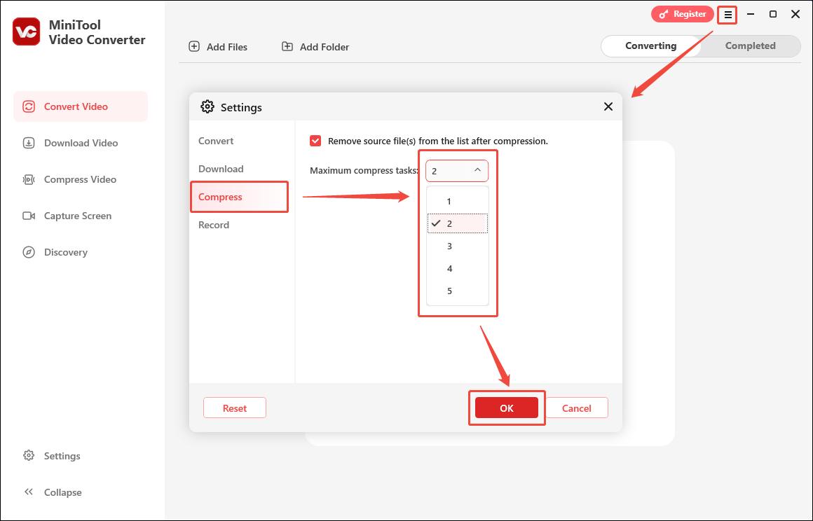 Specify the maximum compression tasks in the Settings window of MiniTool Video Converter