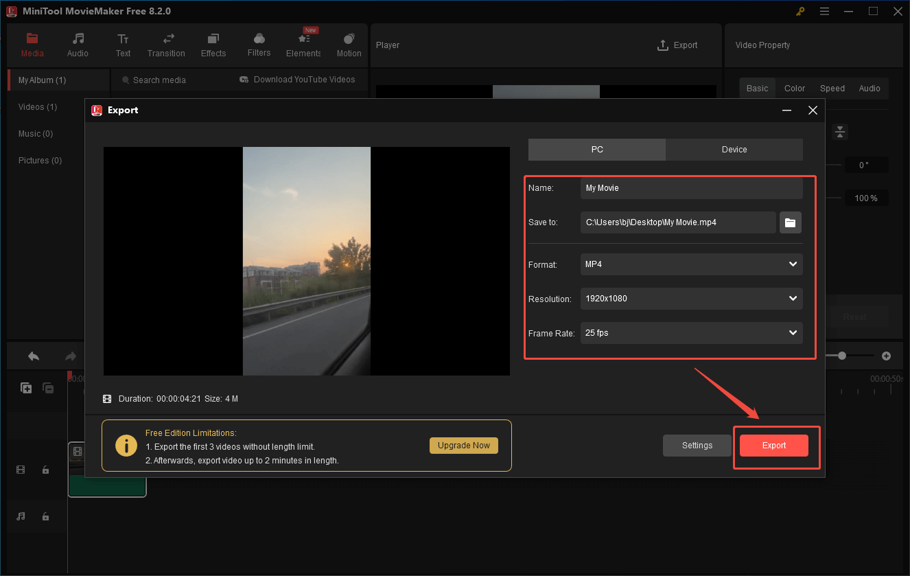 Configure the output parameters and click on Export in MiniTool MovieMaker to start the compression process