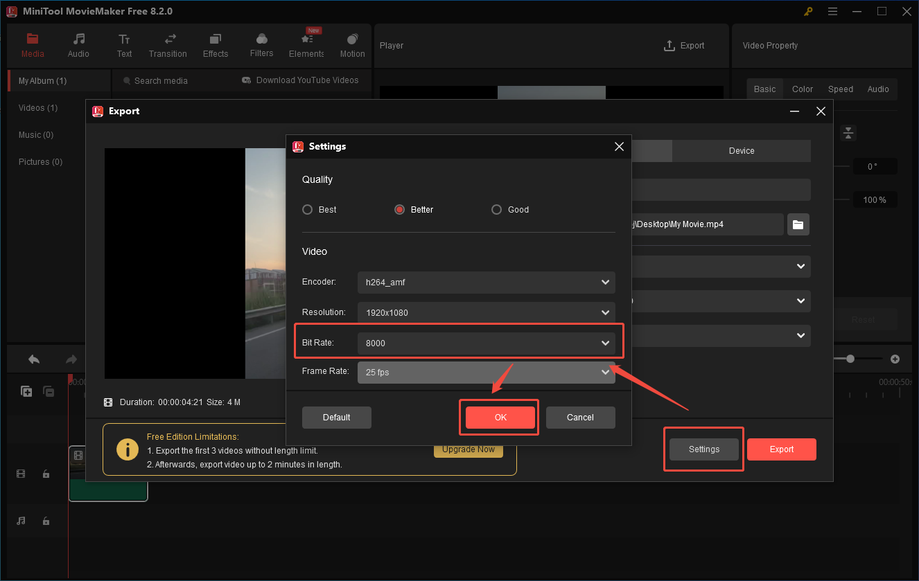 Specify the bitrate settings in the Settings window of MiniTool MovieMaker