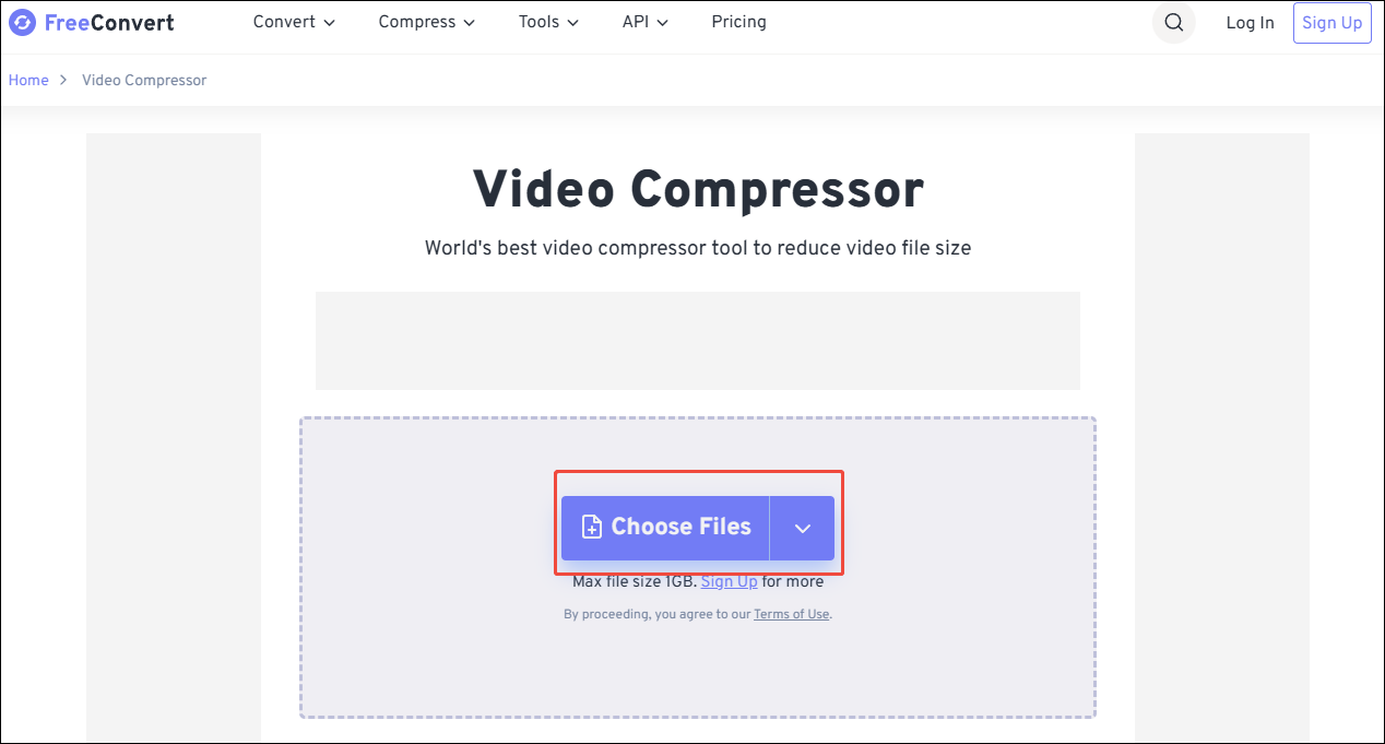 Click on Choose Files in FreeConvert Video Compressor to import your videos