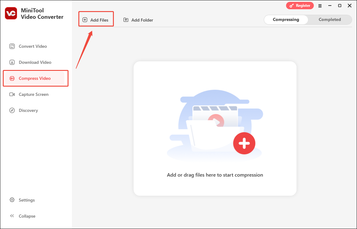 Click on Add Files in MiniTool Video Converter’s Compress Video module to upload your videos