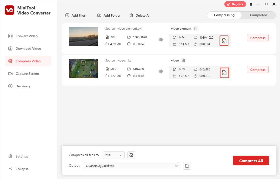 Click on the Settings icon in MiniTool Video Converter to enter the Compression Settings window