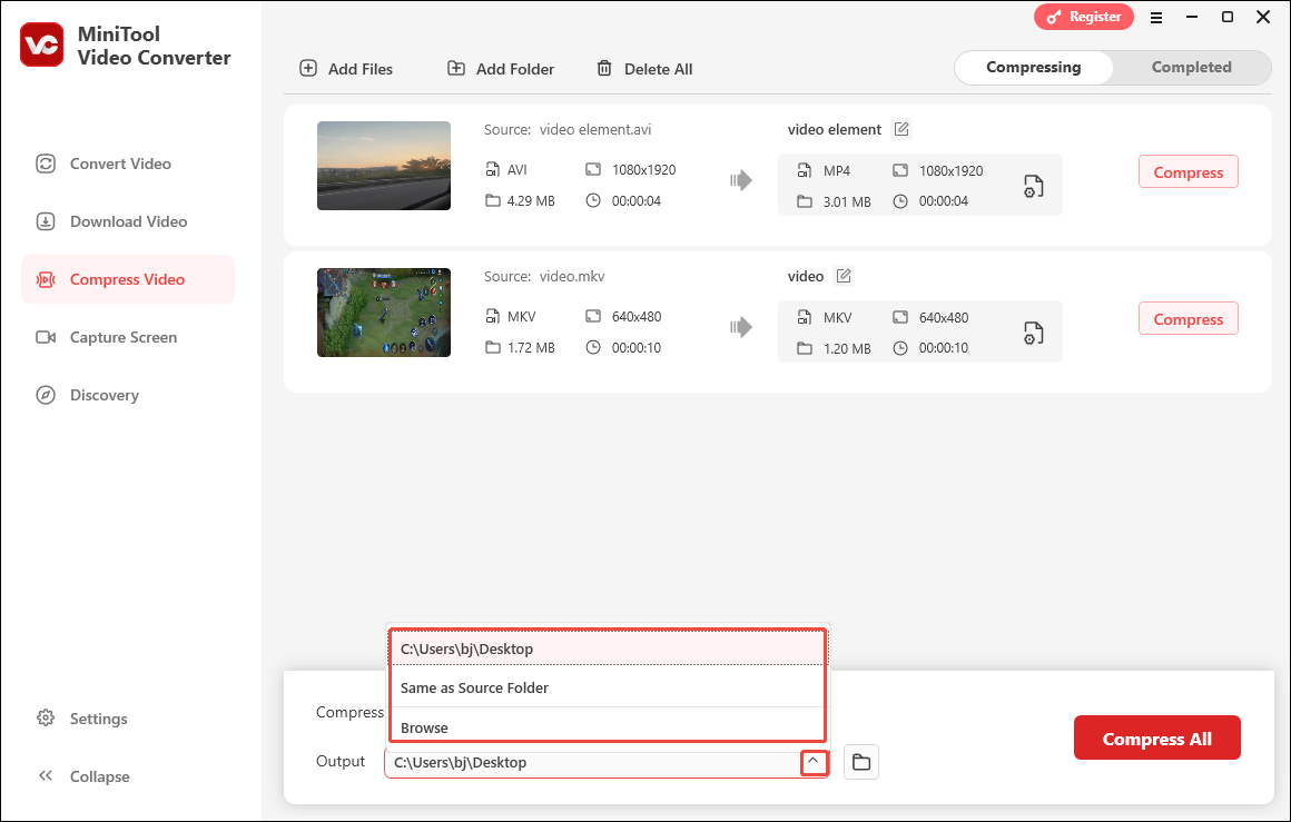 Expand the Output option in MiniTool Video Converter to choose a destination folder for your compressed files