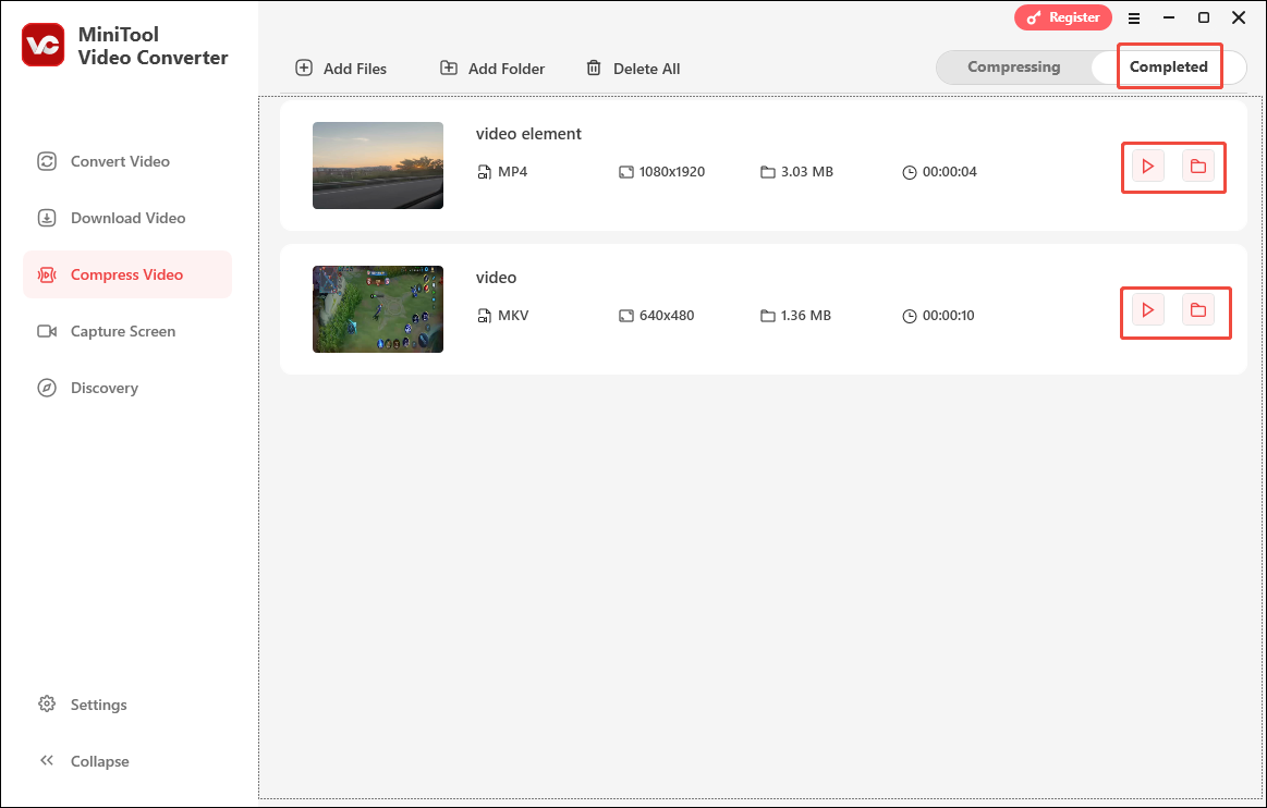 Click on the Play icon or the Folder icon in MiniTool Video Converter to view or locate the compressed files