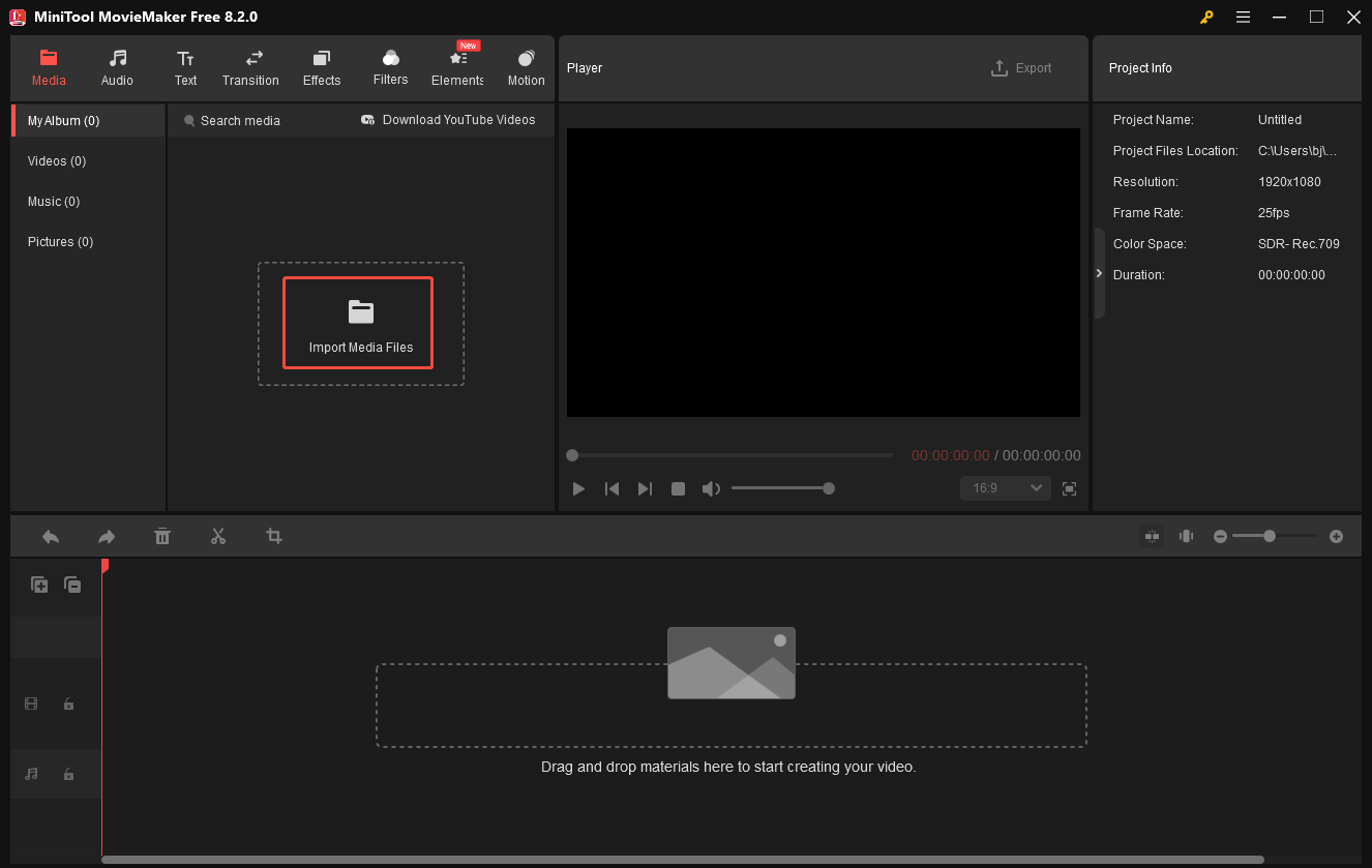 Click on Import Media Files in MiniTool MovieMaker to upload your video