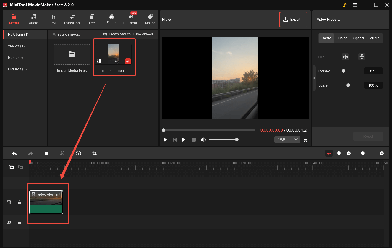 Add the video to the timeline and click on the Export icon in MiniTool MovieMaker to access the Export window
