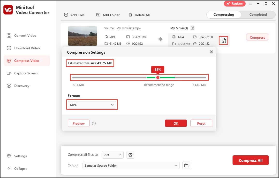 Customize the compression level and format in MiniTool Video Converter