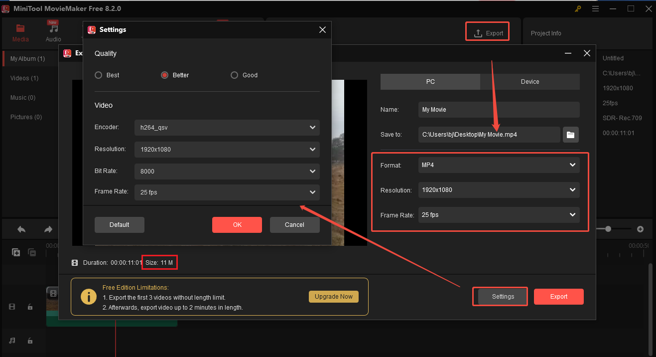 Change the video’s parameter to reduce its size in MiniTool MovieMaker