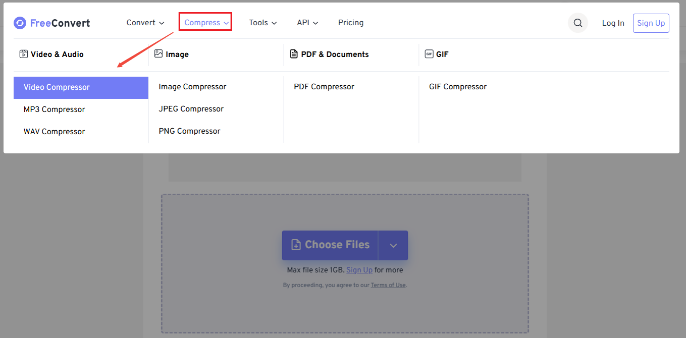 Select the Compress option from the top menu and choose Video Compressor from the list