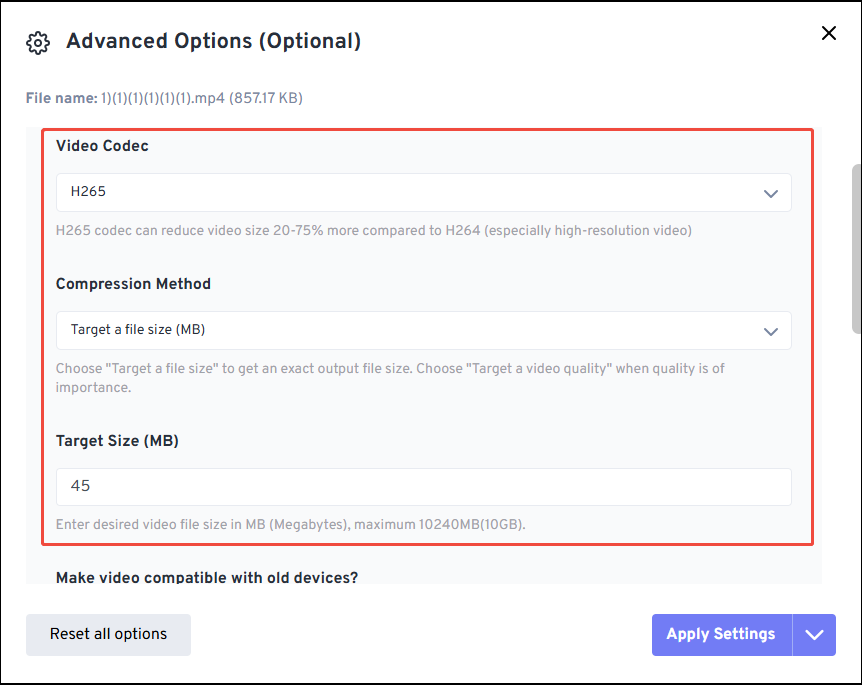 Customize the compression settings of your video in FreeConvert