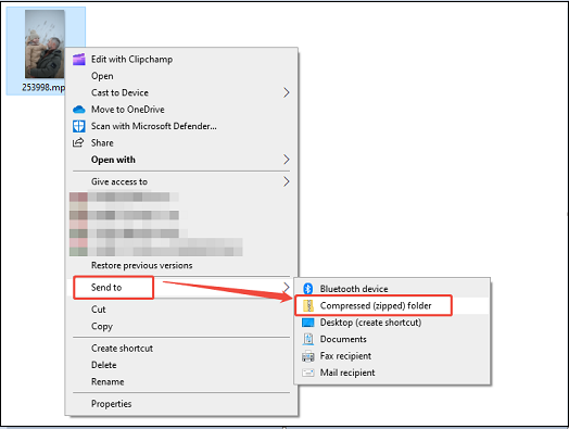Click on Compressed (zipped) folder in the right-click menu to zip the video file on Windows