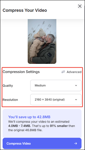 Customize the video quality and resolution under Compression Settings in VEED.IO’s video compressor