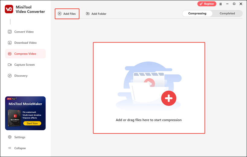 Click on Add Files or the Add or drag files here to start compression area to import the video to MiniTool Video Converter