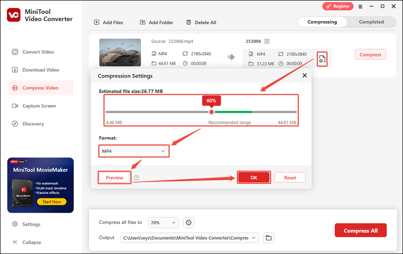 Click the settings icon, adjust the compression percentage, select the output format, click Preview to preview the video, and click OK in MiniTool Video Converter