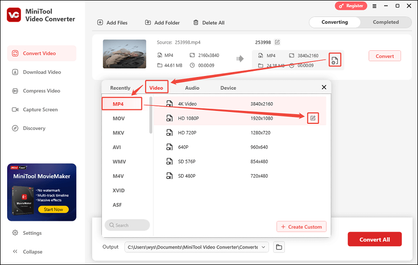 Click the gear icon, go to the Video tab, choose a lower resolution, and click the Edit icon in MiniTool Video Converter