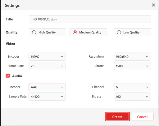 Adjust the video and audio parameters and click on Create to create a custom preset in the Settings window of MiniTool Video Converter