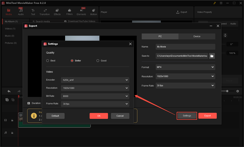Click on Settings to customize other export settings in MiniTool MovieMaker