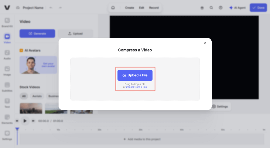 Upload the video to VEED.IO by clicking Upload a File, dragging and dropping, or pasting the video URL