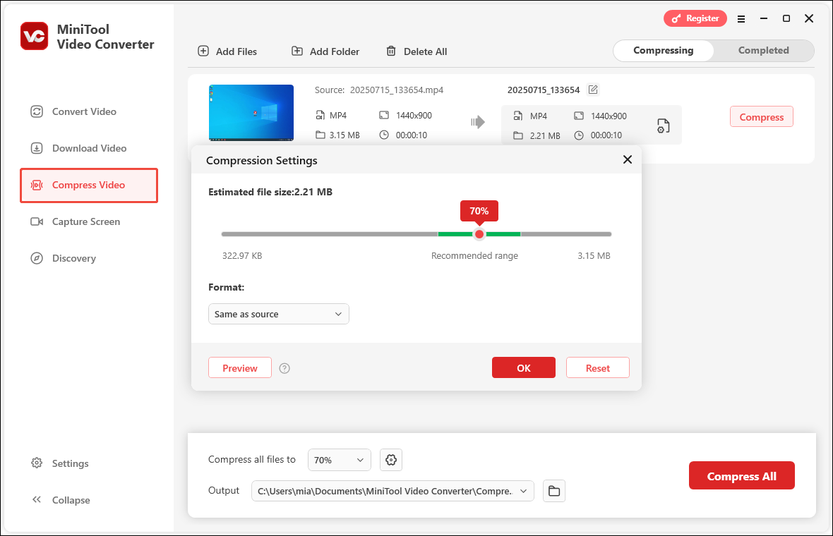 MiniTool Video Converter’s Compress Video interface