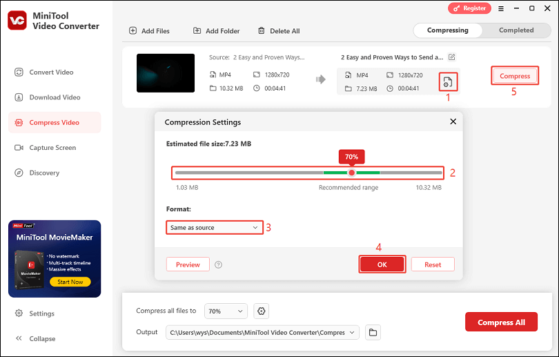 Click the settings icon to initiate the Compression Settings window and start compressing the video in MiniTool Video Converter