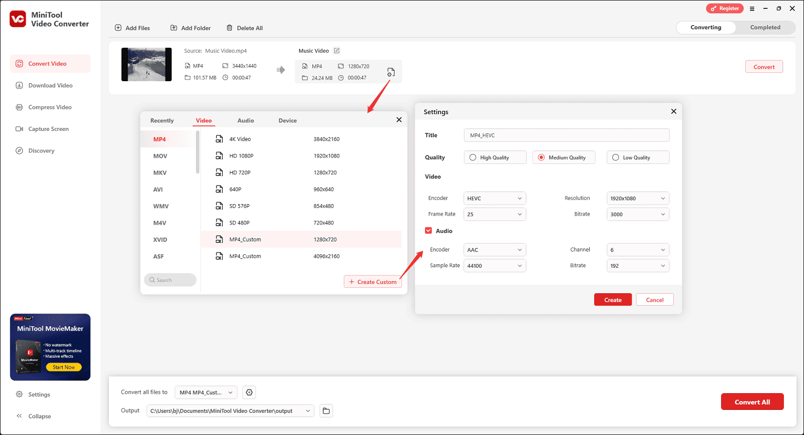 Create a custom MP4 format in MiniTool Video Converter