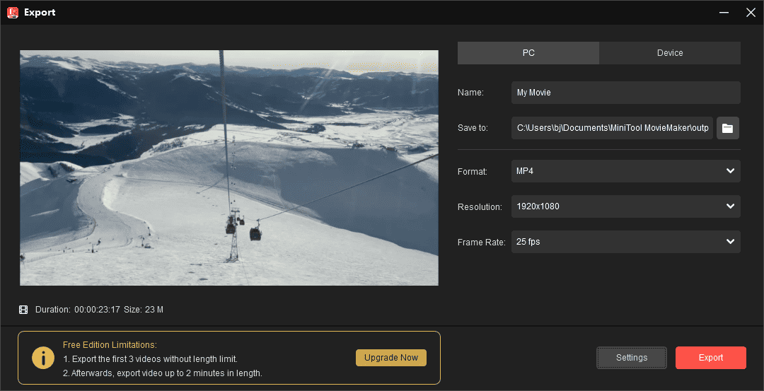 Export the video from MiniTool MovieMaker