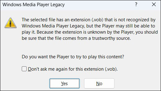 Windows Media Playerの警告メッセージ