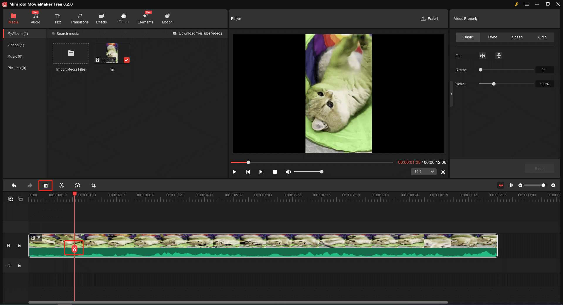 MiniTool MovieMakerで不要な動画クリップをクリックし、「削除」アイコンをクリックして削除する