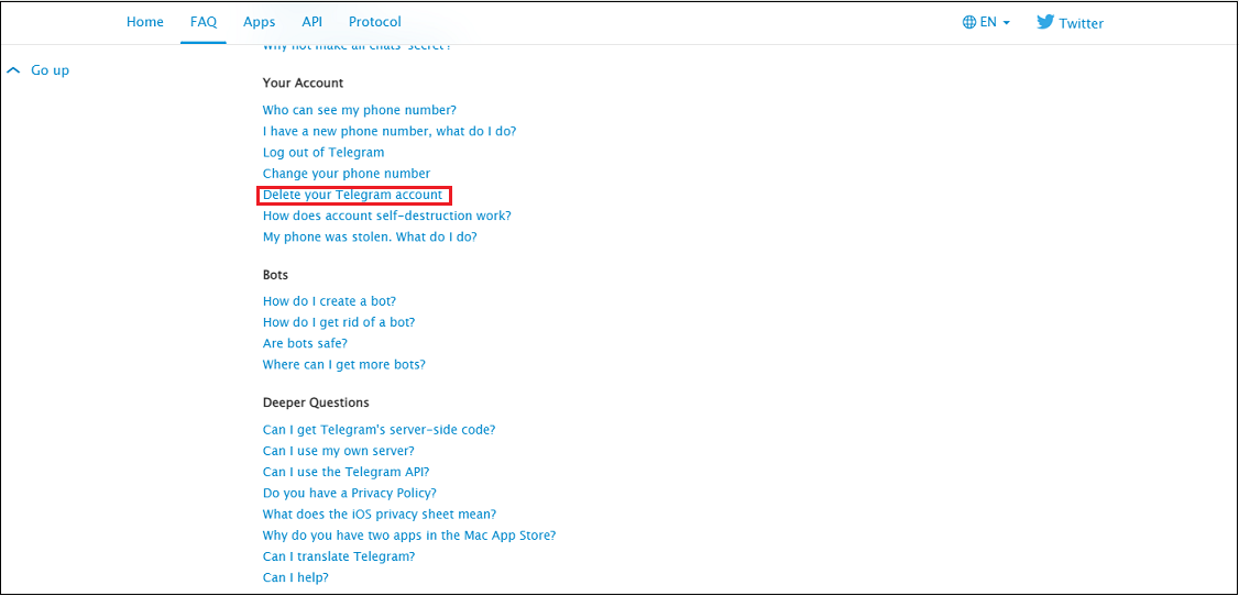 Telegramで「Delete your Telegram account」をクリックする