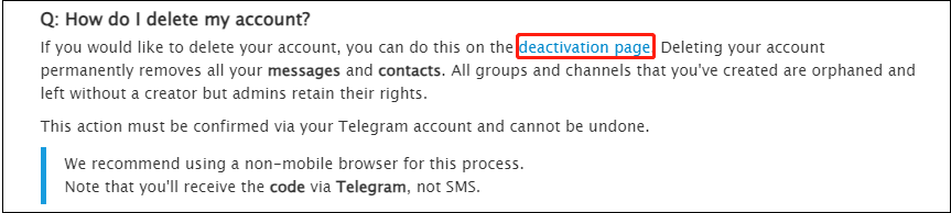 Telegramで「deactivation page」をクリックする
