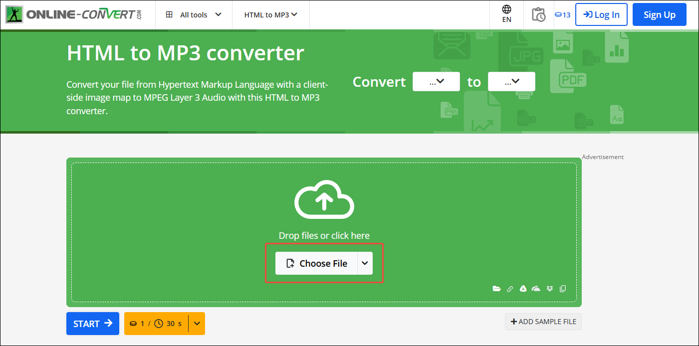 Click on the Choose File button in Online-Convert to import your HTML file
