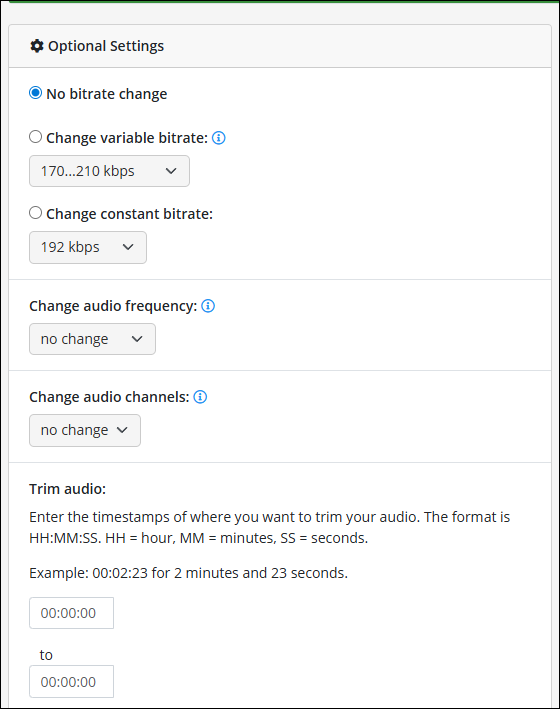 The Optional Settings section of Online-Convert