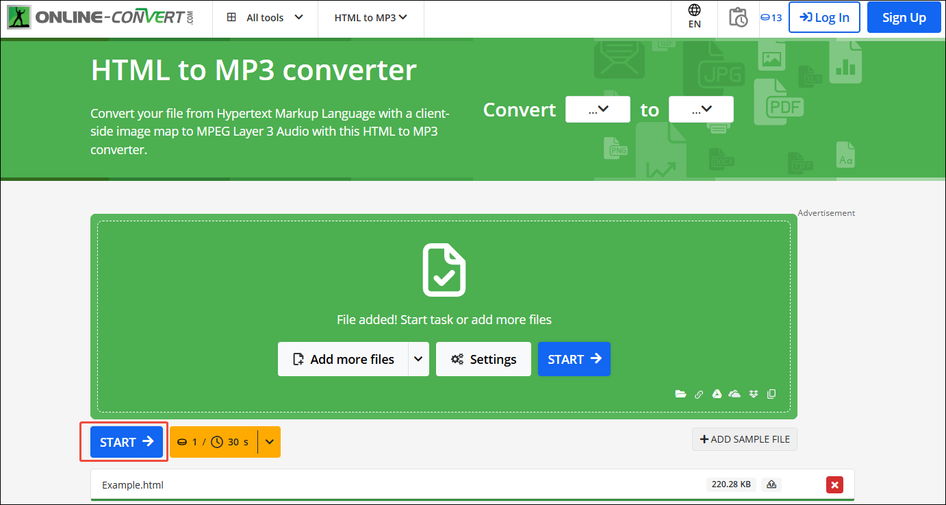 Click on the START button in Online-Convert to begin the conversion from HTML to MP3