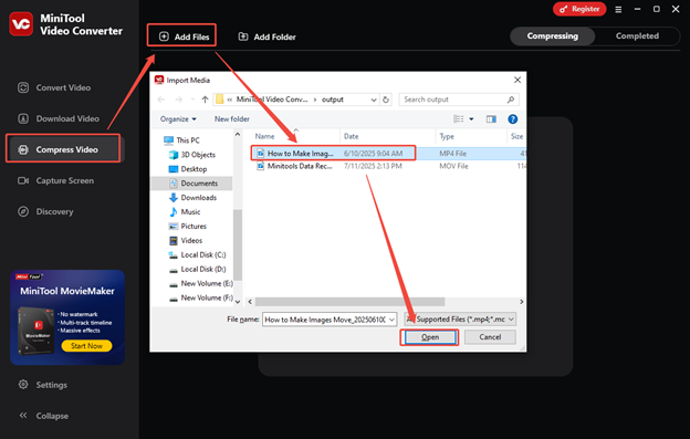 Click on Compress Video > Add Files, select the video you want to compress, and click Open to import it to MiniTool Video Converter