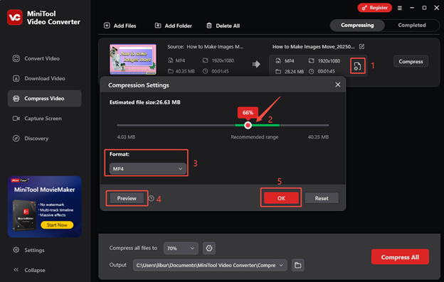 Click on Settings to open the Compression Settings window, then set the compression level, output format, and check the compressed quality in MiniTool Video Converter